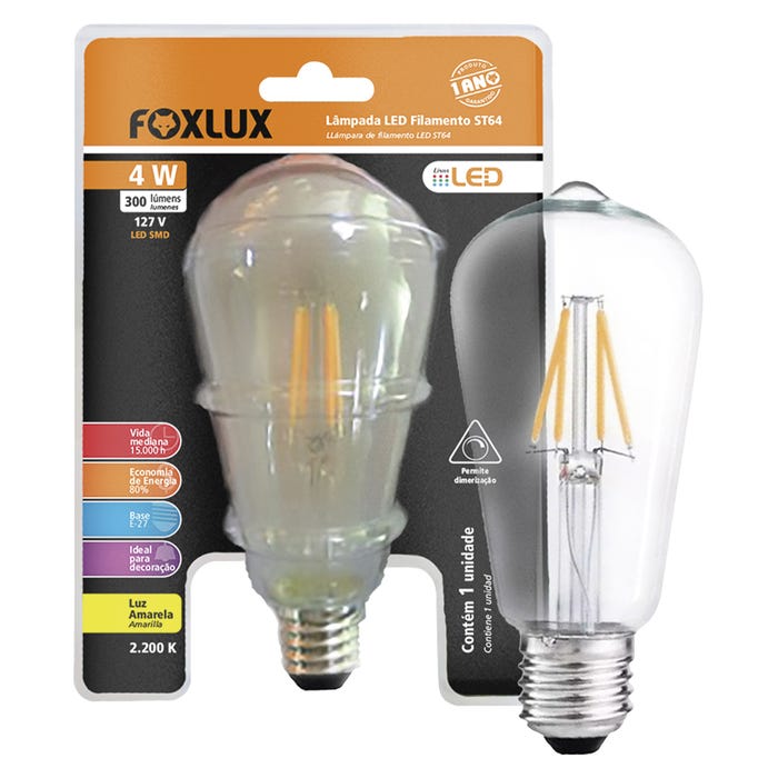 Lâmpada LED de Filamento ST4 4W 127V E27 Luz Amarela Foxlux #V