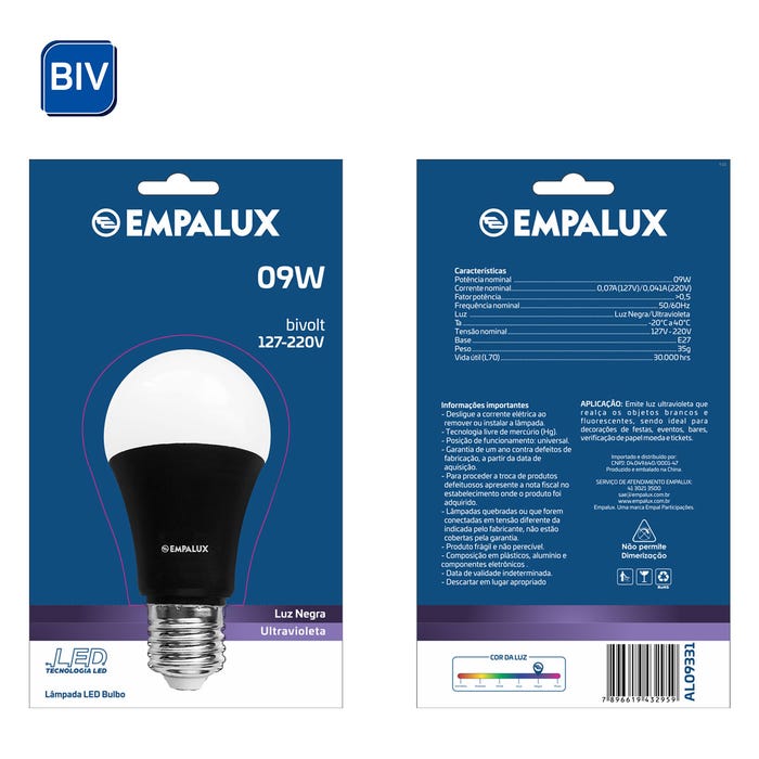 Lâmpada LED Bulbo 9W Bivolt Luz Negra Base E27 Empalux