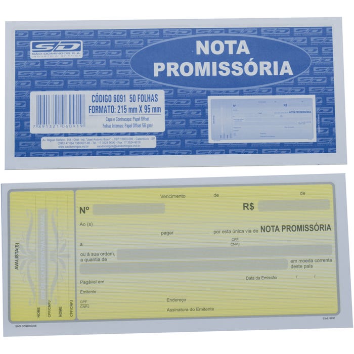 Nota Promissória Grande 21,5X9,5cm  com 50 Folhas Amarela