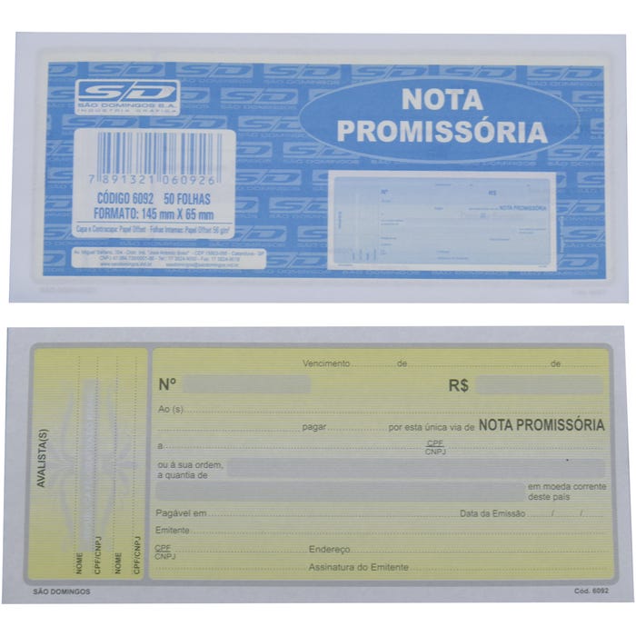 Nota Promissória Mini 65X145cm  com 50 Folhas Amarela